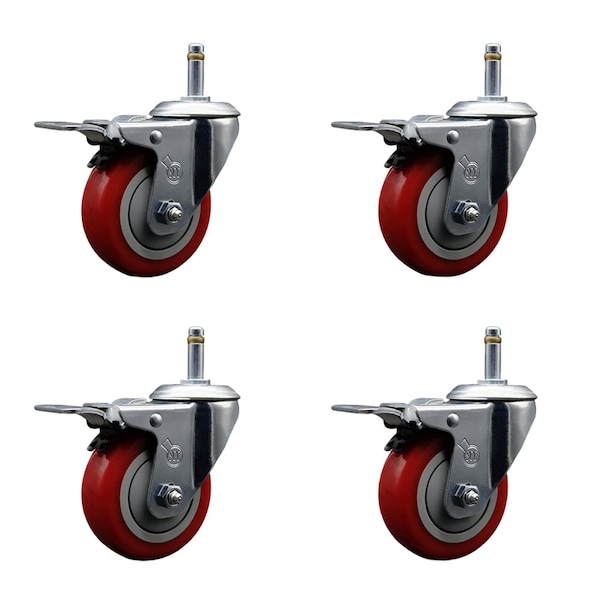 Service Caster 4'' Red Polyurethane Swivel 7/16'' Stem Caster Set with Total Lock Brake, 4PK SCC-GRTTL20S414-PPUB-RED-716138-4 - main
